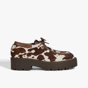 Brown and White Cow-Print Lug Sole Women’s Derby Shoe